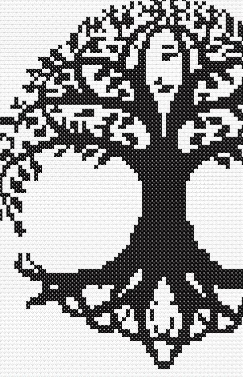 Celtic Tree of Life Cross Stitch Pattern full artwork showing a black tree silhouette with detailed branches, roots and Celtic knot styling.