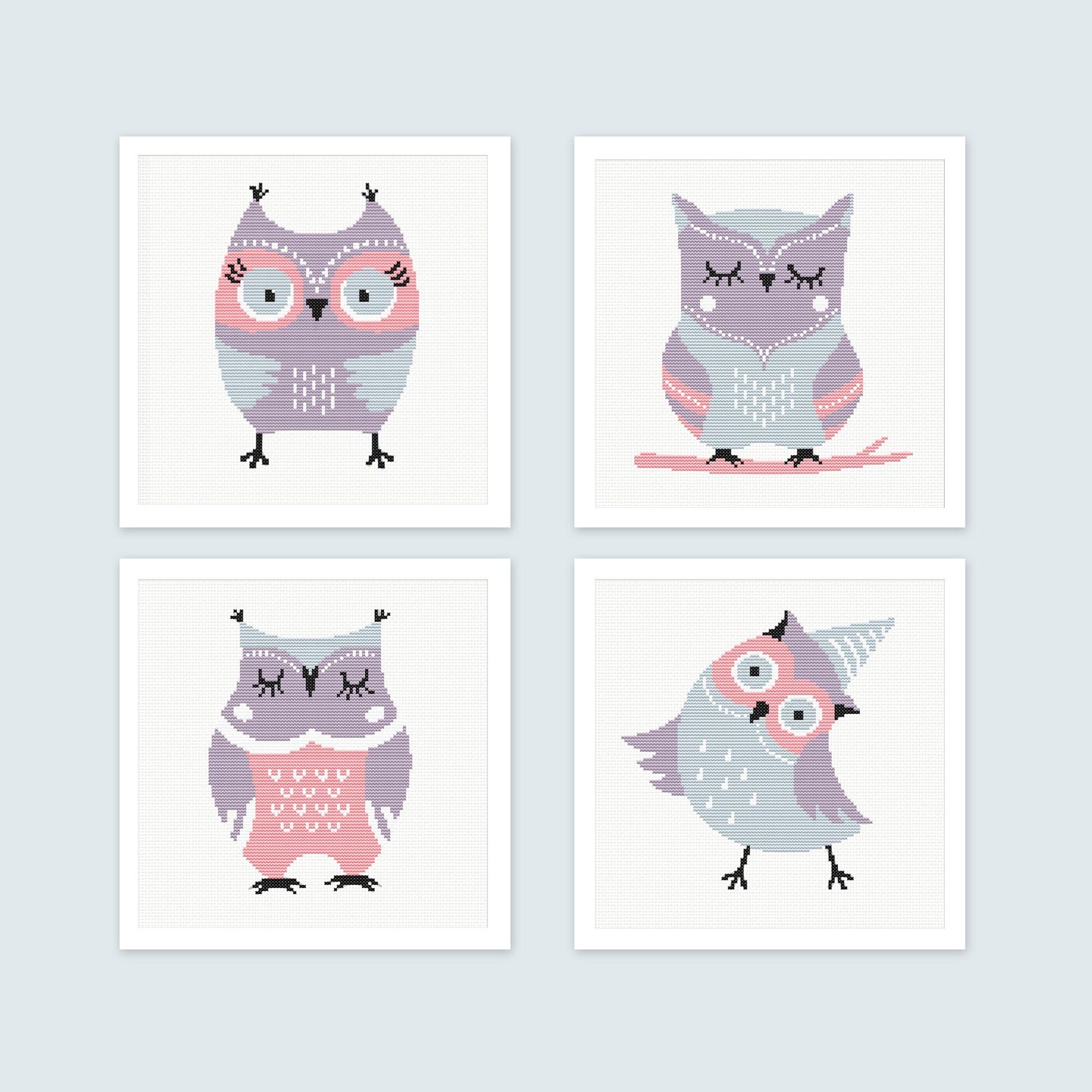 Four cartoon owl illustrations on a light blue background