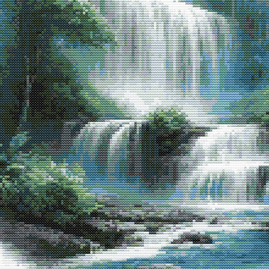Close up of Misty Waterfall Cross Stitch Pattern, Serene Nature Embroidery.