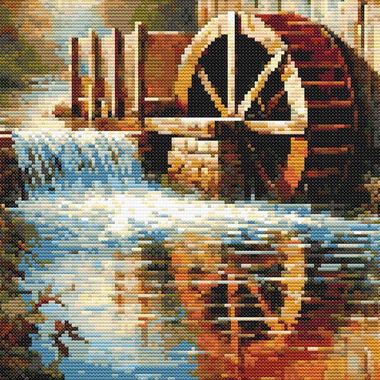close up view of a water wheel and a water fall with rustic brown and flowing water.