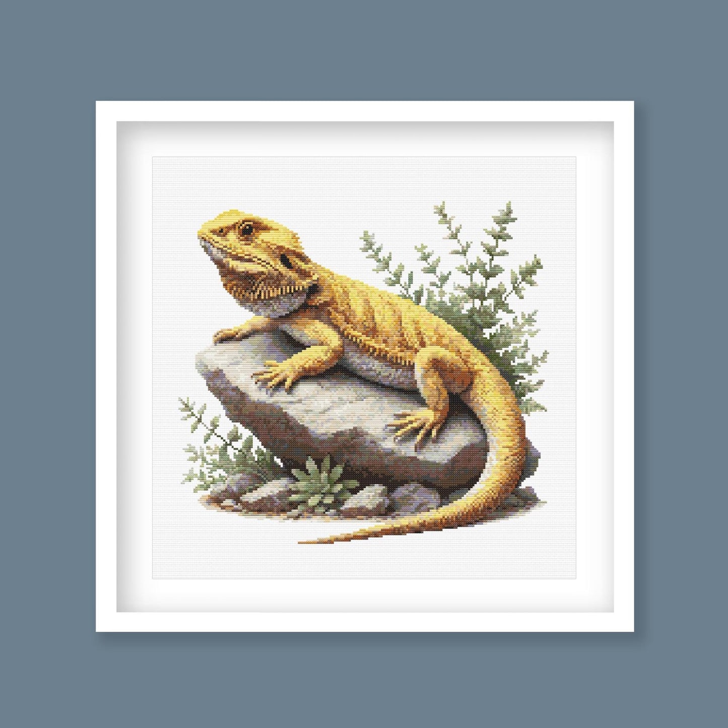 Framed artwork of a bearded dragon on a rock with plants in a white frame with blue background.