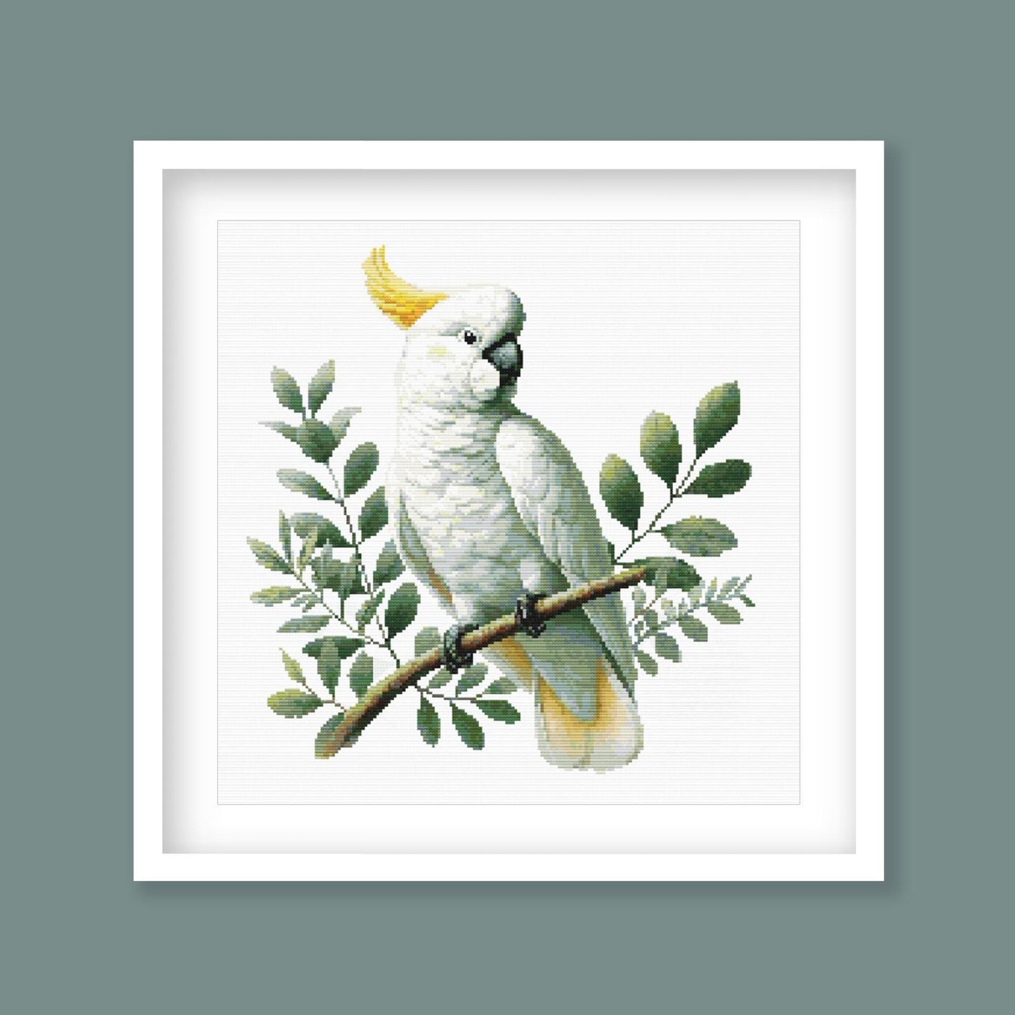 Cockatoo Cross Stitch Pattern digital PDF cross stitch pattern previewed in a white frame.