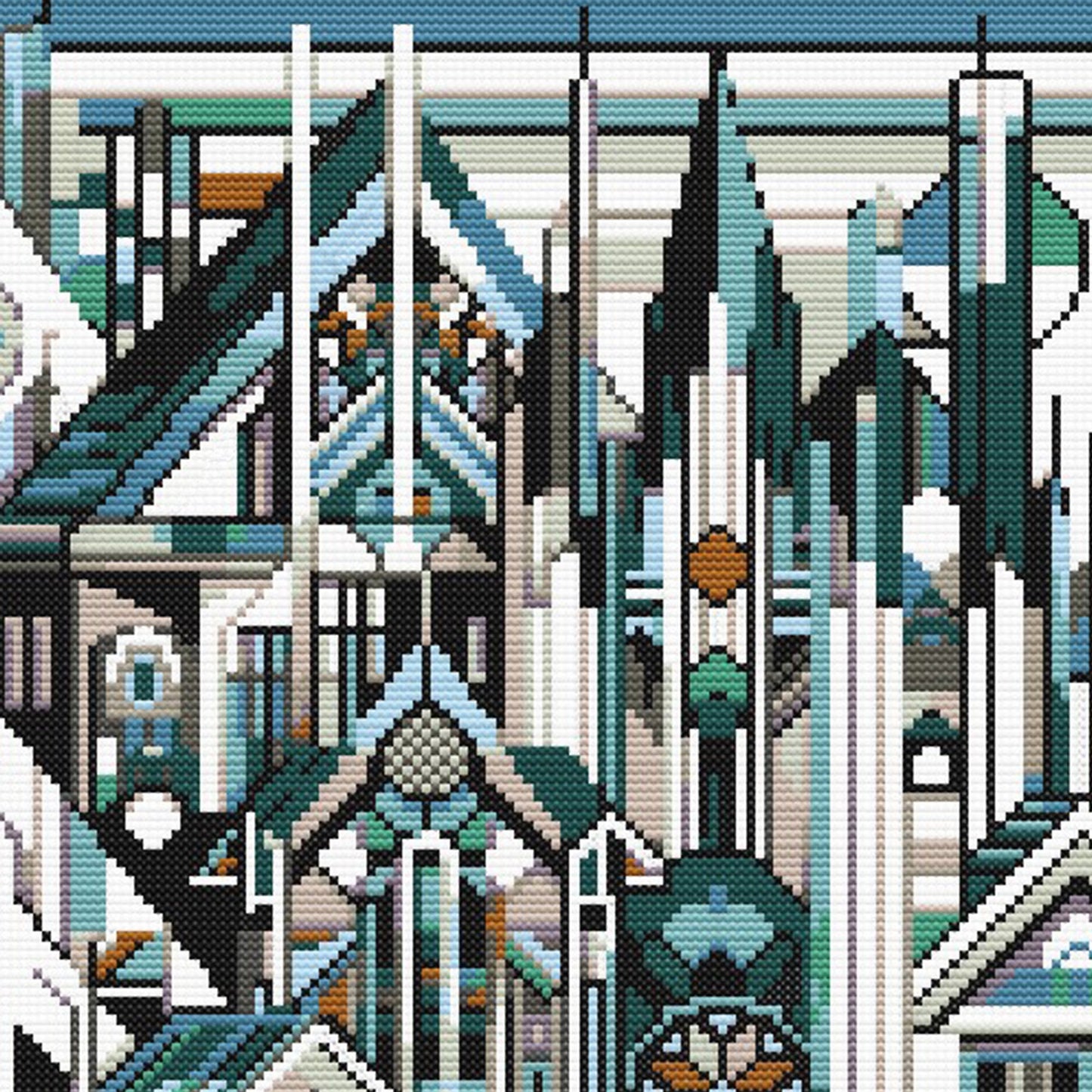 Geometric City Cross Stitch Pattern close up of the roof lines and the sky.