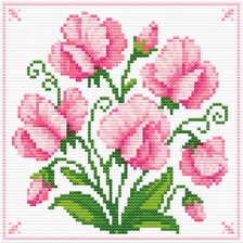Pink Sweet Pea cross stitch pattern - pink floral PDF chart, stitched sample