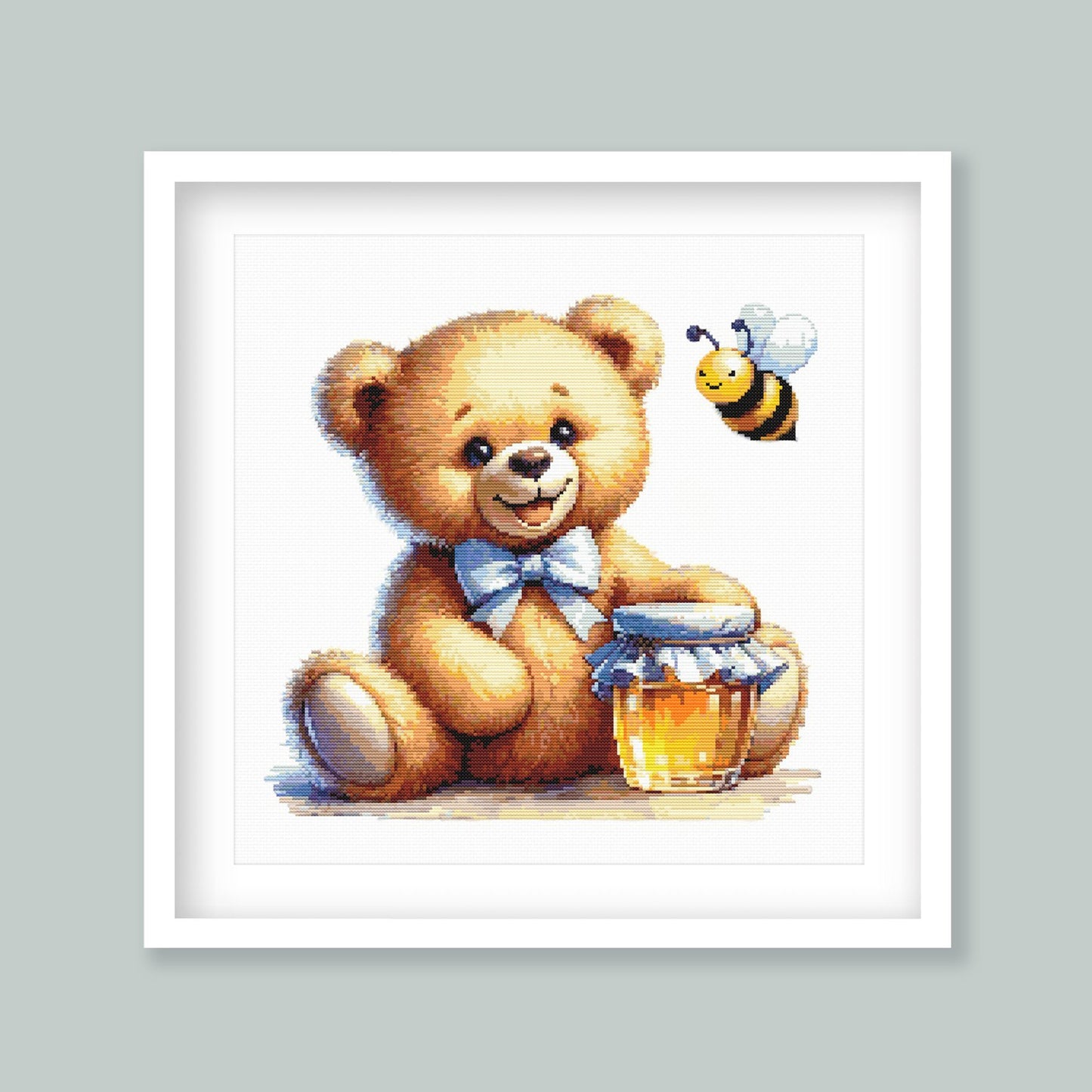 Teddy Bear Cross Stitch Pattern with Honey Jar and Bumblebee, Nursery Wall Art, digital PDF cross stitch pattern preview by Stitch Junction