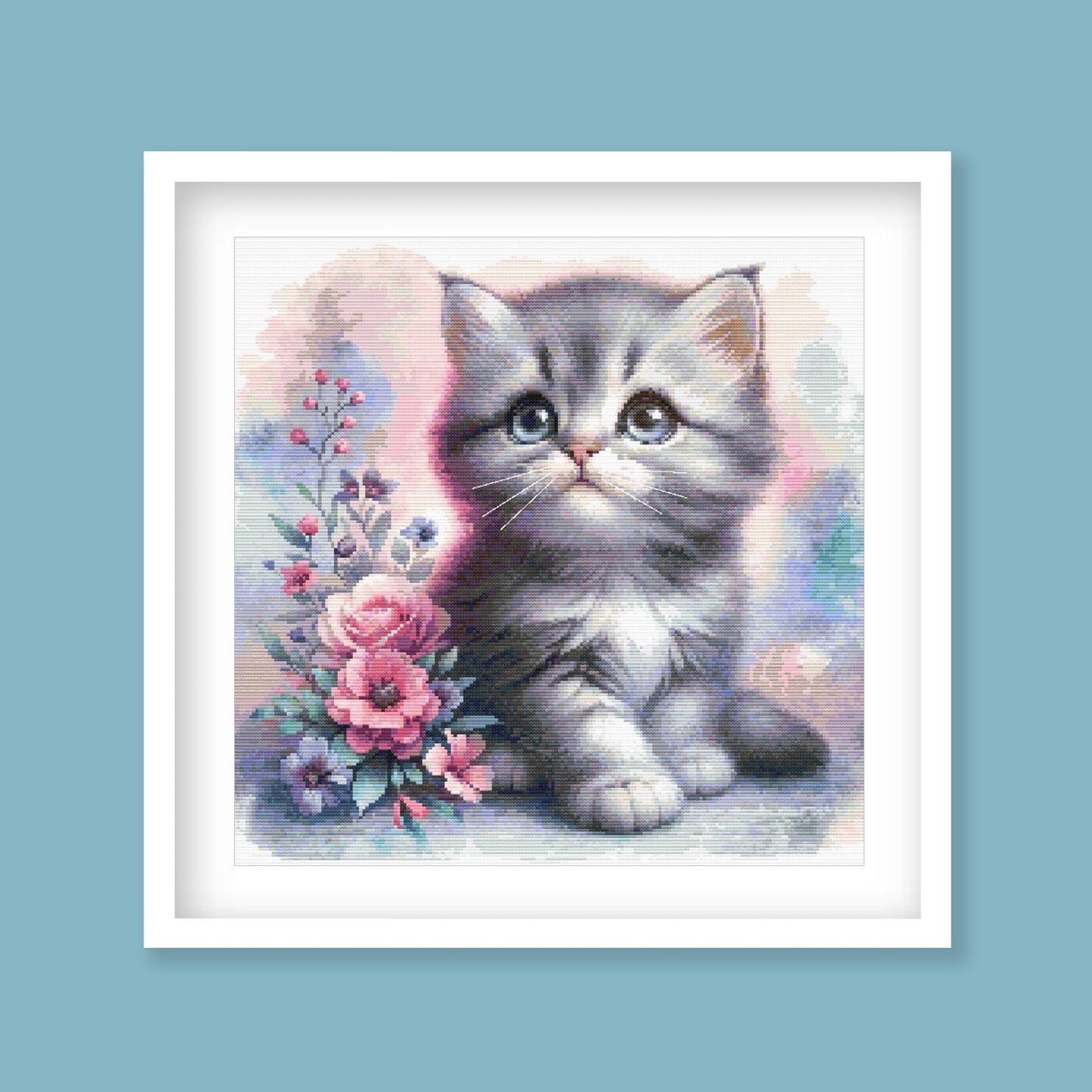 Floral Kitten Cross Stitch Pattern digital PDF cross stitch pattern preview by Stitch Junction