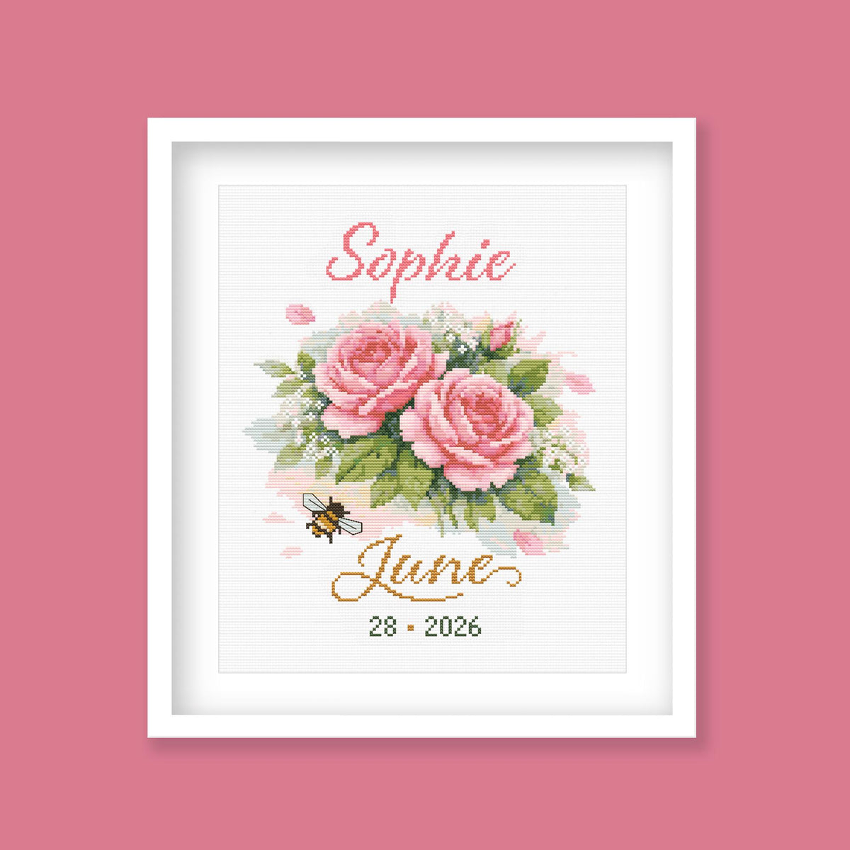 June Birth Flower, Roses Birth Record, Custom Name & Date Cross Stitch Pattern - Bird PDF Pattern - Etsy image 9
