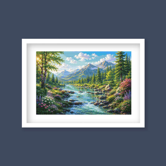 Mountain River Cross Stitch Pattern – Peaceful Forest Landscape Embroidery Chart (Digital Download) - Etsy image 1
