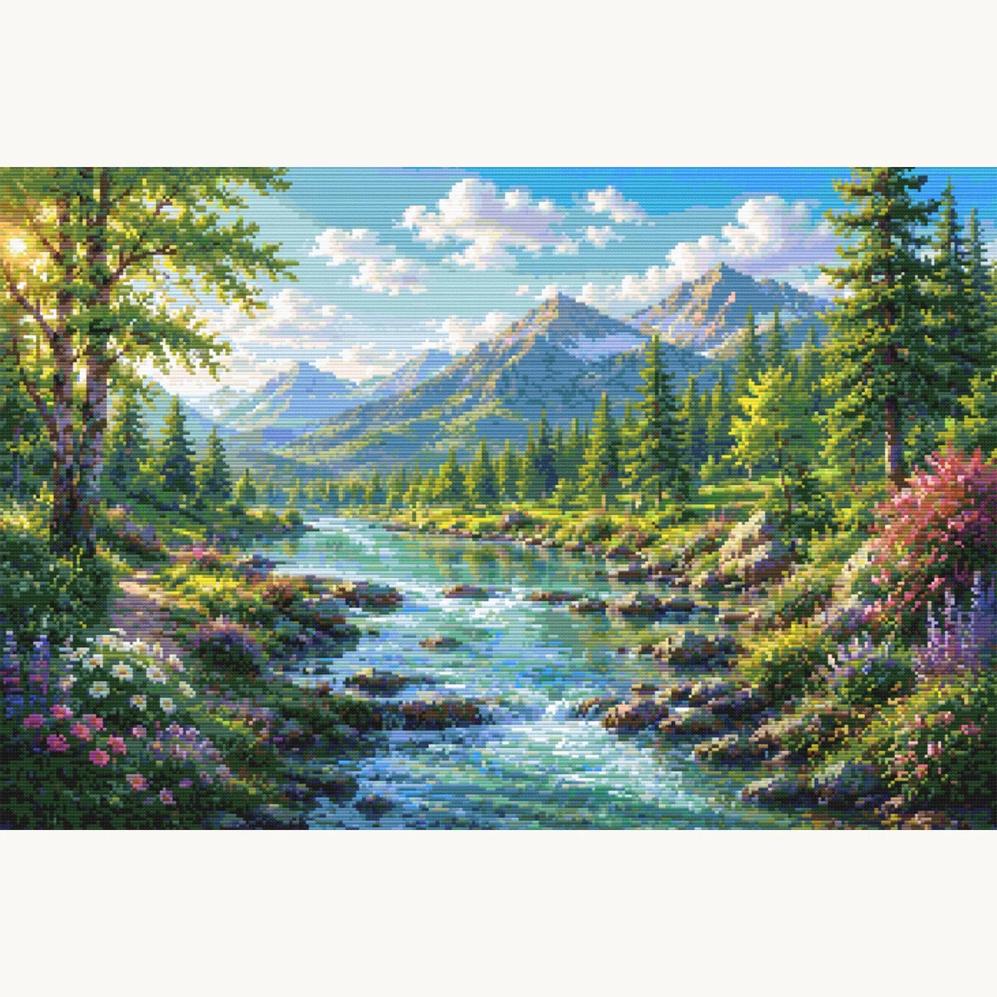 Mountain River Cross Stitch Pattern – Peaceful Forest Landscape Embroidery Chart (Digital Download)