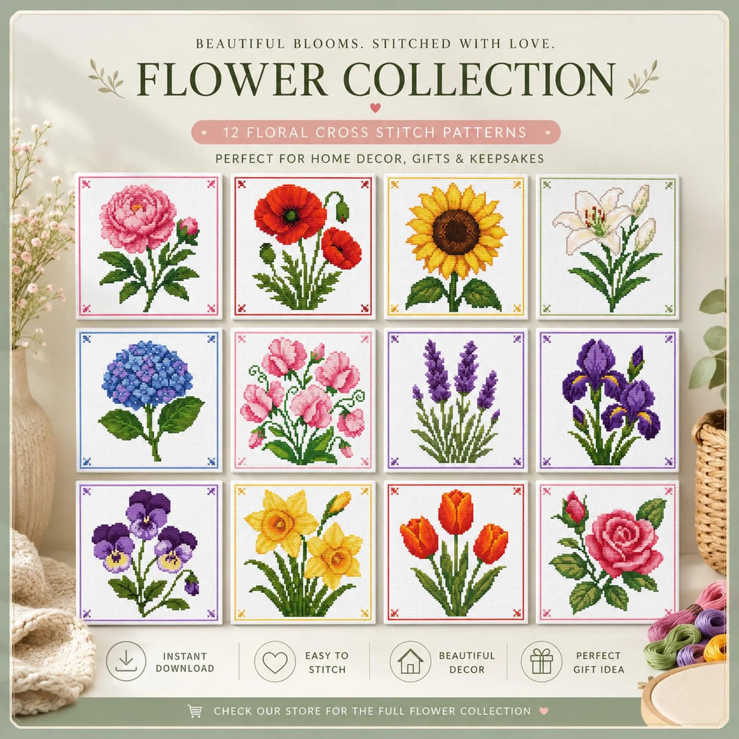 Viola Cross Stitch Pattern – Purple Pansy Floral Embroidery Design (Digital Download)