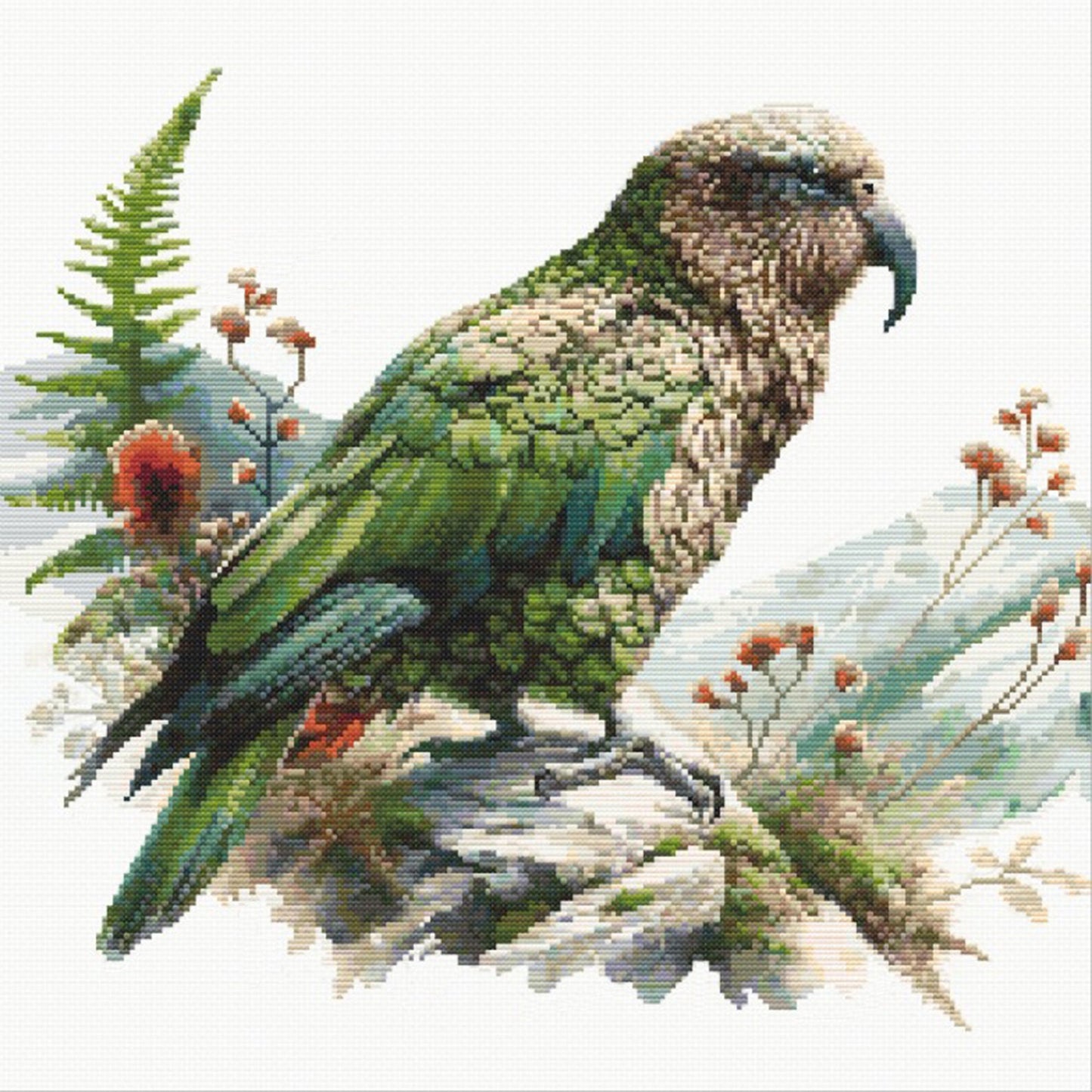 New Zealand Kea Cross Stitch Pattern featuring a native alpine parrot with green feathers, mountain foliage, and soft wildlife detail.