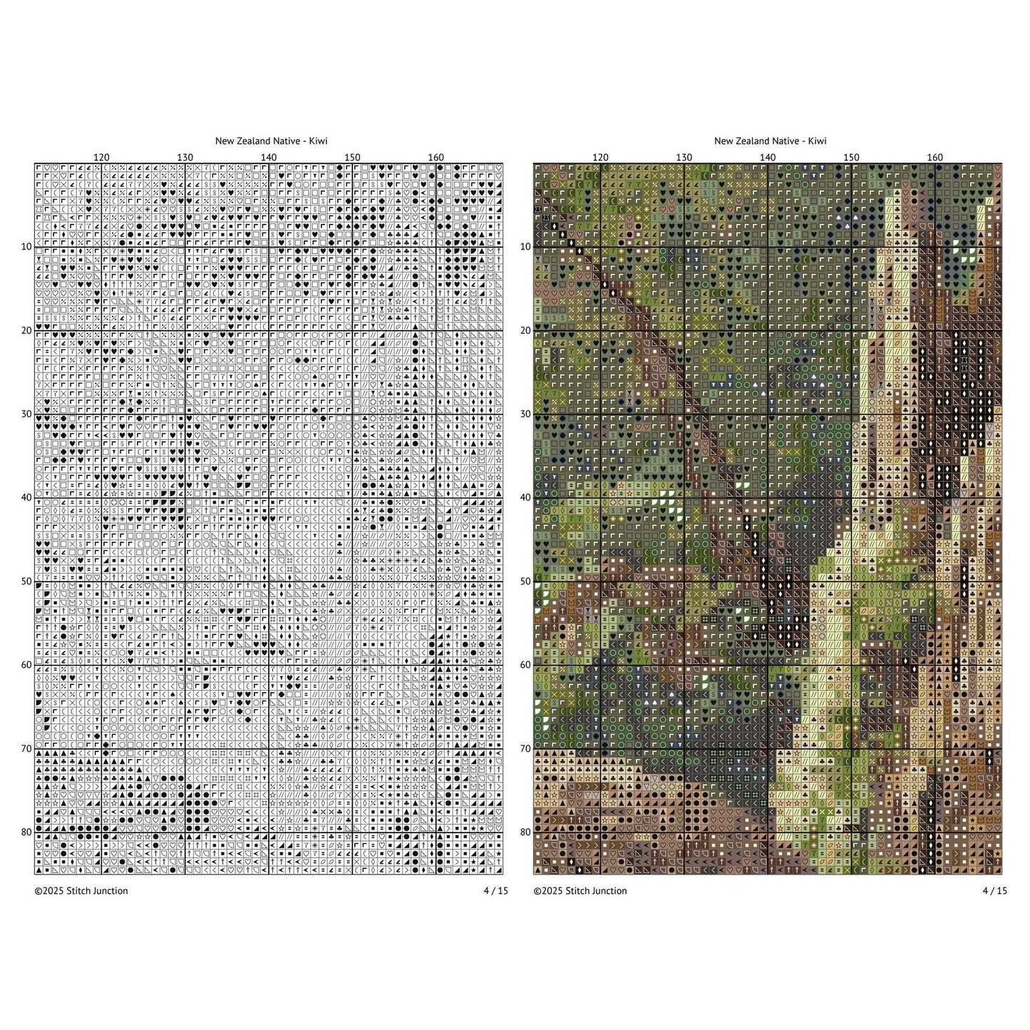Kiwi Cross Stitch Pattern digital download chart preview with colour symbols and black-and-white symbol chart for printable counted cross stitch.