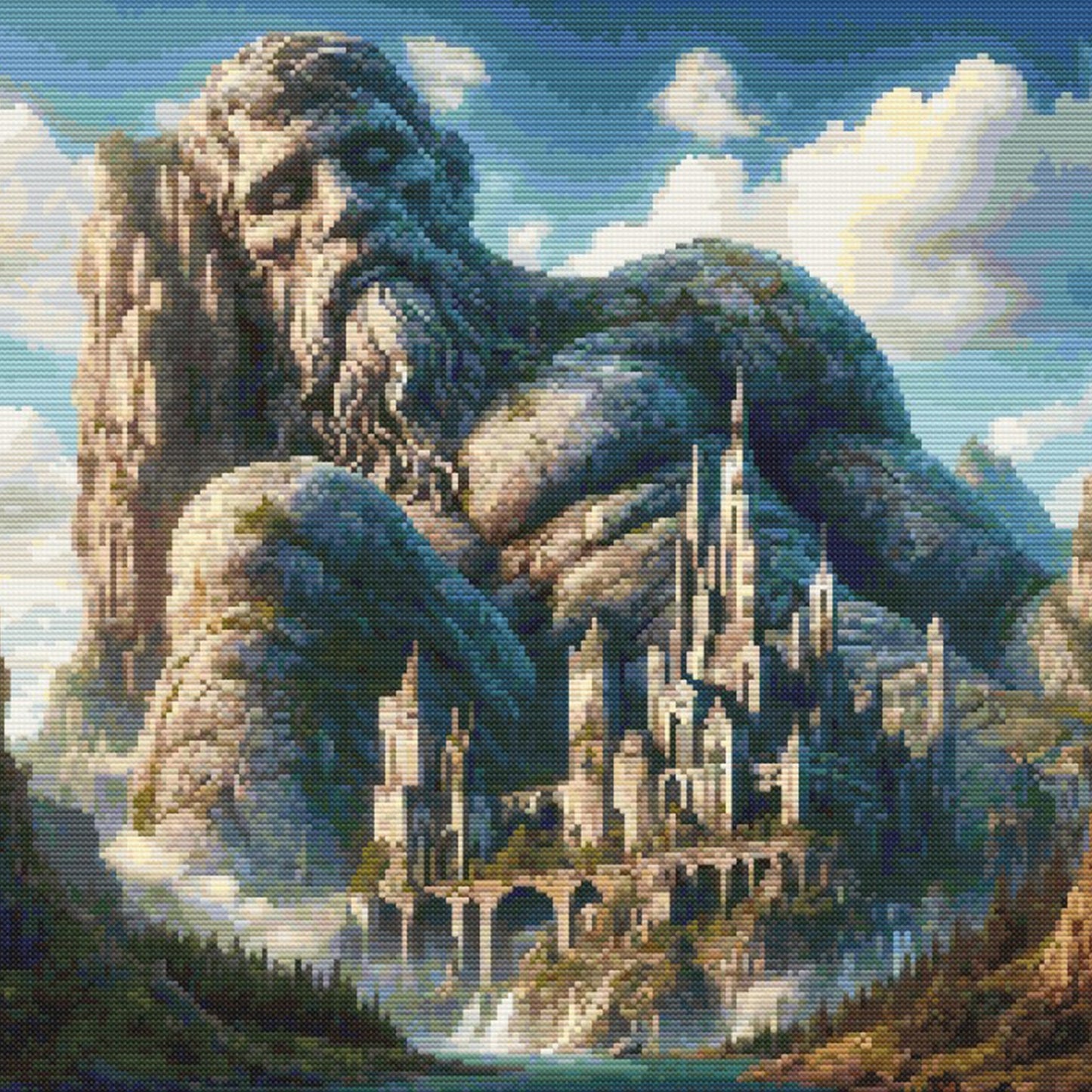 Majestic Petrified Giant and Castle Cross Stitch Pattern featuring a stone giant overlooking a castle with mountains, clouds, and dramatic fantasy scenery.