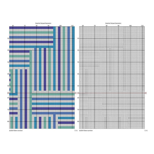 Modern Geometric Stripes Cross Stitch Pattern digital download chart preview with colour symbols and black-and-white symbol chart for printable counted cross stitch.