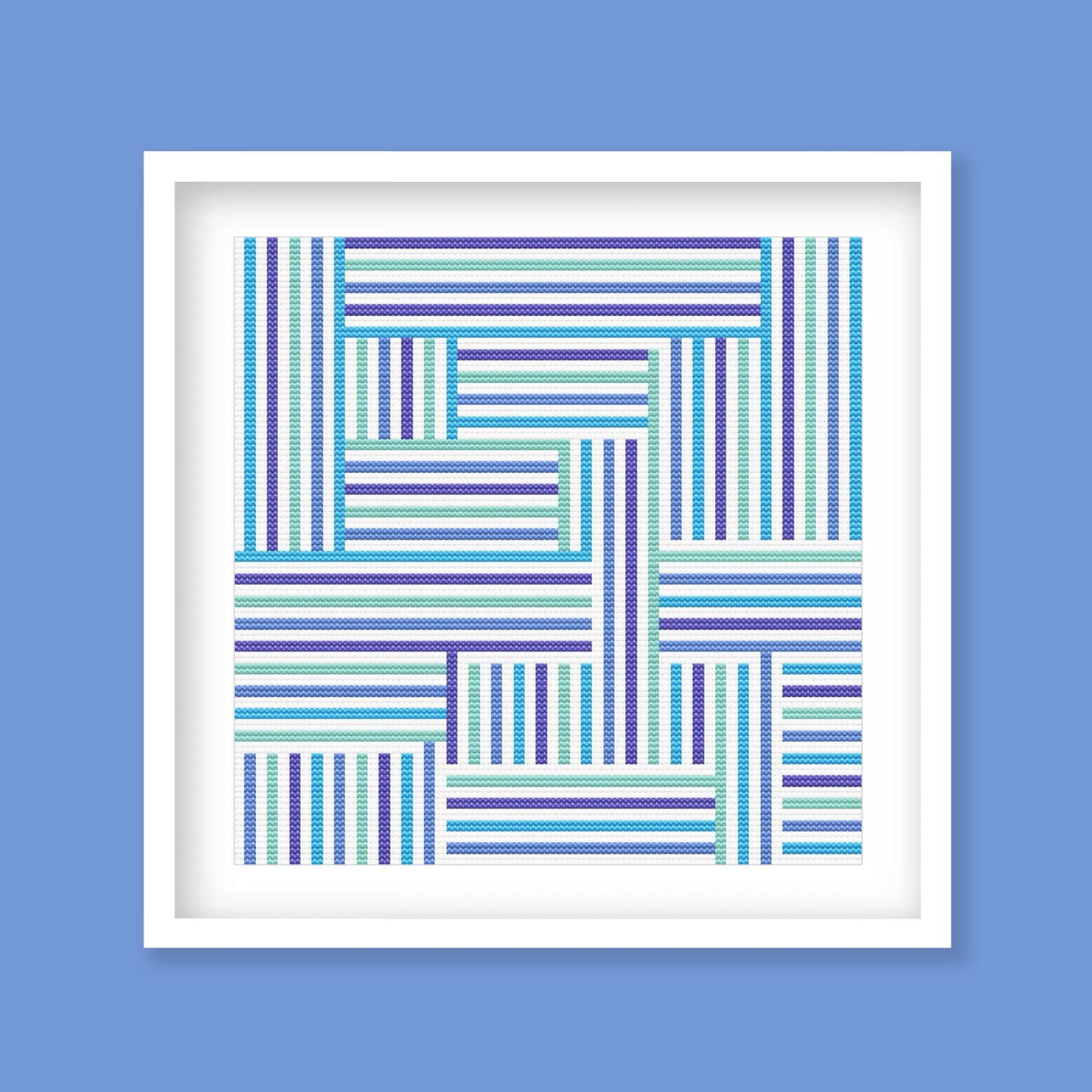 Modern Geometric Stripes Cross Stitch Pattern displayed as framed wall art with blue, teal, and purple striped linework in a clean abstract design.