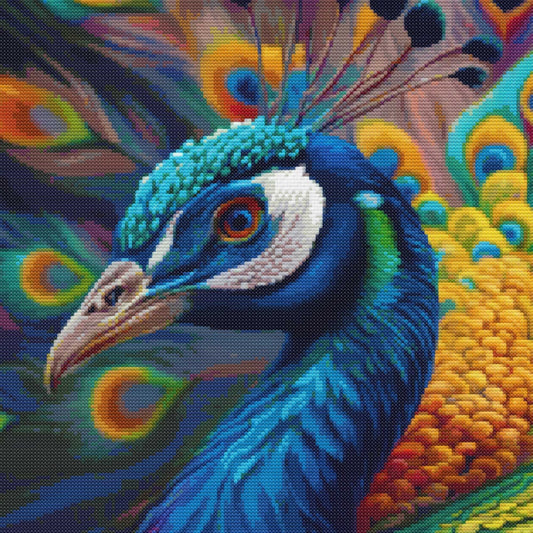 Peacock cross stitch pattern featuring a vibrant colourful bird with detailed feathers and decorative nature-inspired embroidery.