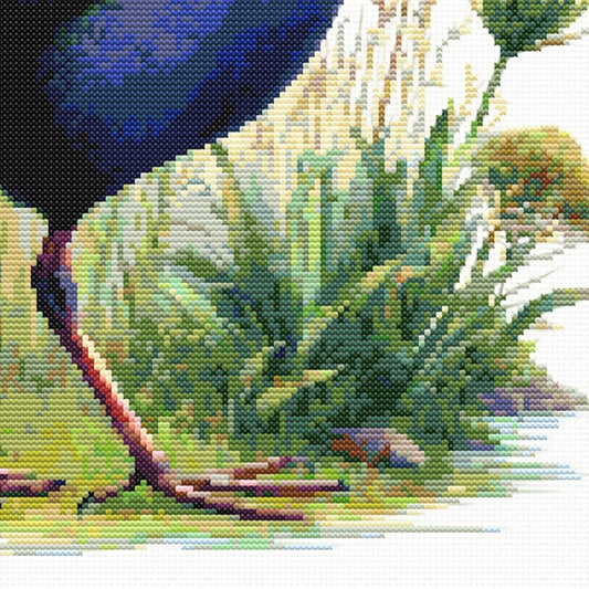 Close-up of Pukeko Bird Cross Stitch Pattern showing the bird’s blue feathers, red beak, long legs, and New Zealand wetland detail.
