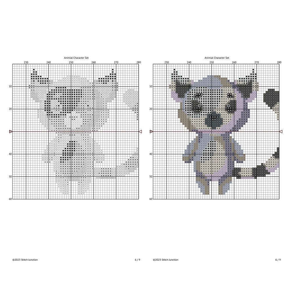 Cute Woodland Animal Cross Stitch Pattern digital download chart preview with colour symbols and black-and-white symbol chart for printable counted cross stitch.