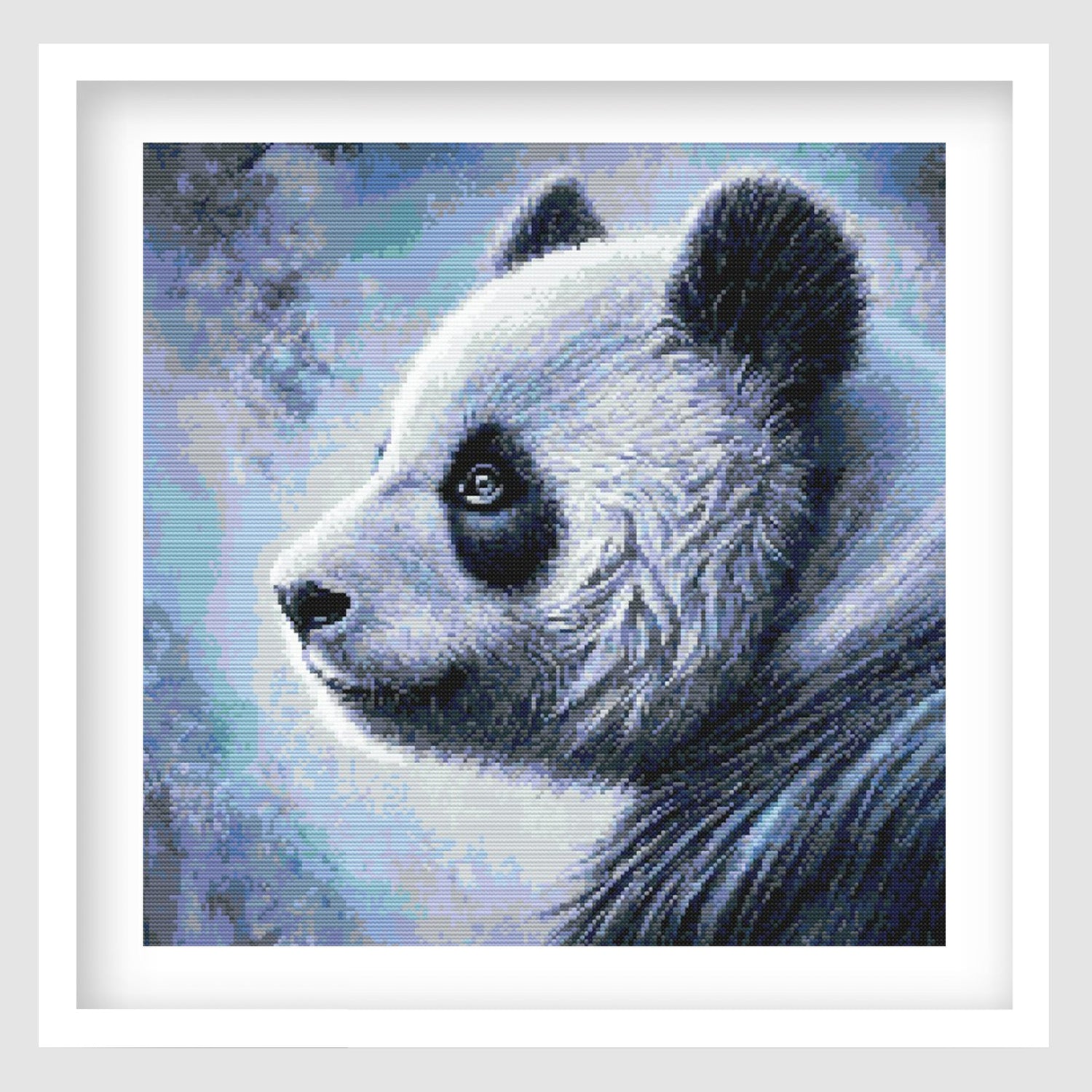 Nature and wildlife cross stitch pattern collection image featuring a detailed panda design in a framed artwork style.