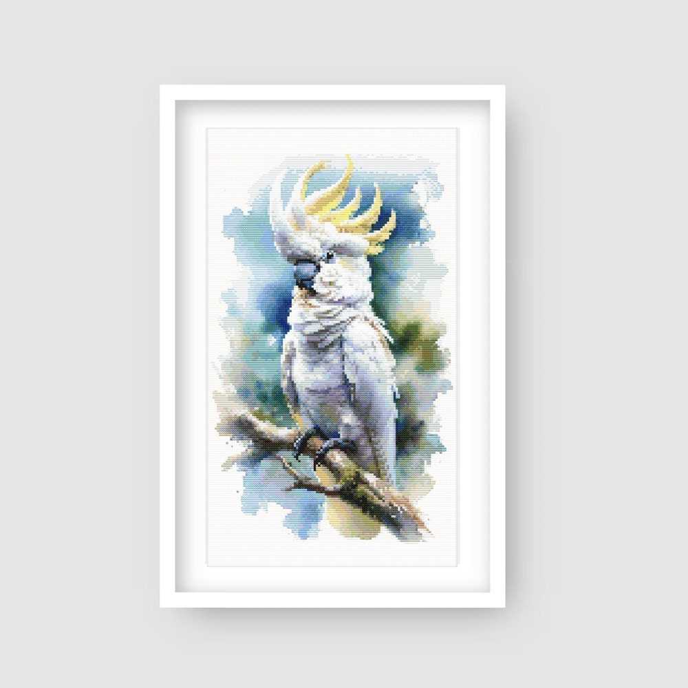Advanced Cockatoo cross stitch pattern in soft watercolour tones, digital PDF pattern preview