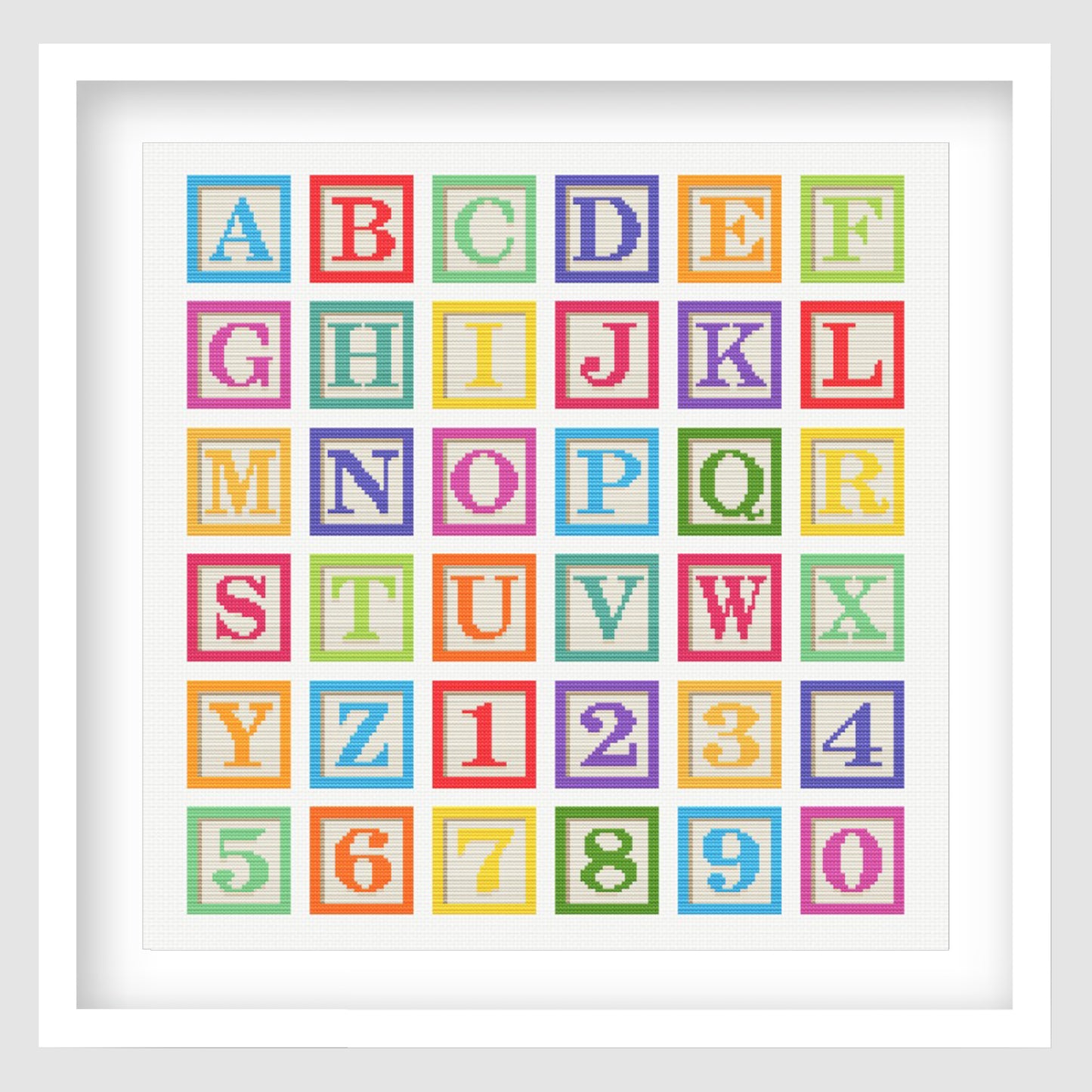 Colourful alphabet cross stitch pattern featuring bright block-style letters A to Z and numbers 0 to 9 in individual framed squares.