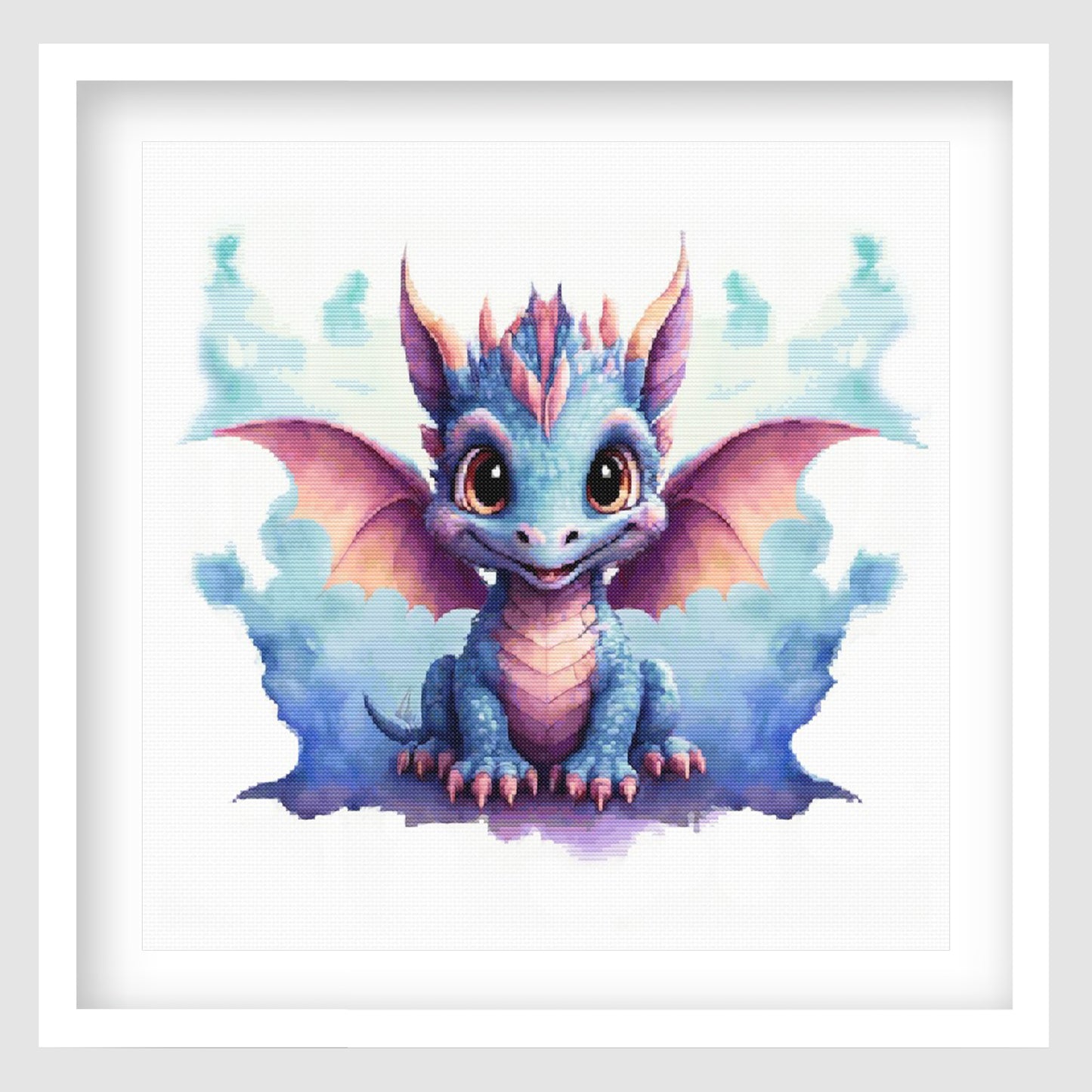 Cute blue baby dragon cross stitch pattern with pastel purple wings, large eyes, and soft fantasy watercolor-style details on white fabric.