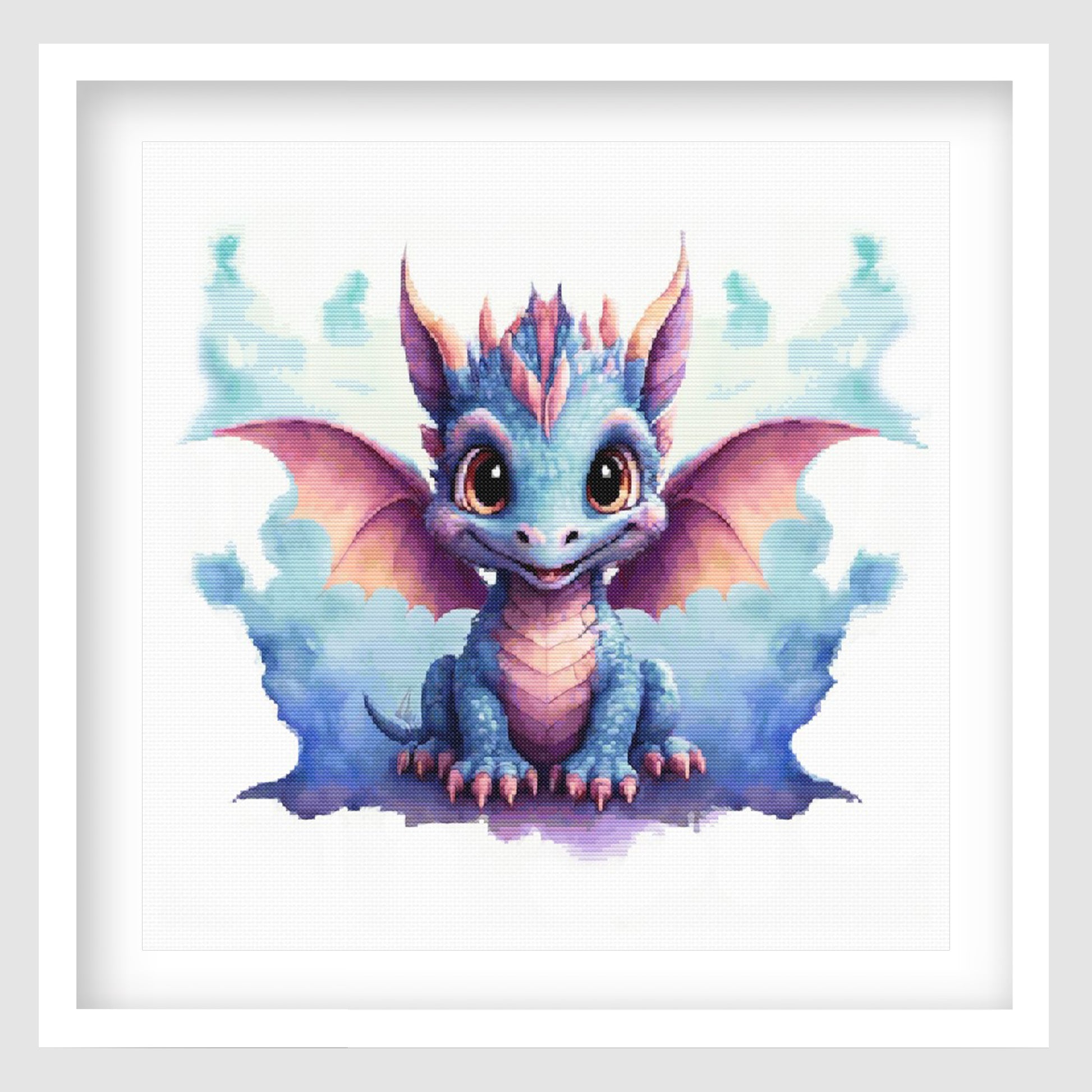 Cute blue baby dragon cross stitch pattern with pastel purple wings, large eyes, and soft fantasy watercolor-style details on white fabric.