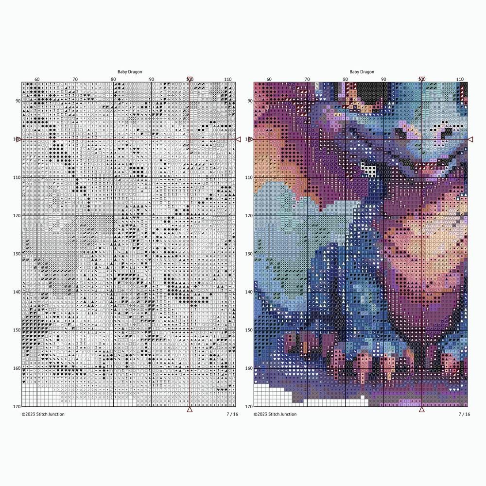Cross-stitch pattern for a dragon design on a white background