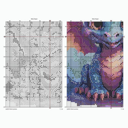 Cross-stitch pattern for a dragon design on a white background