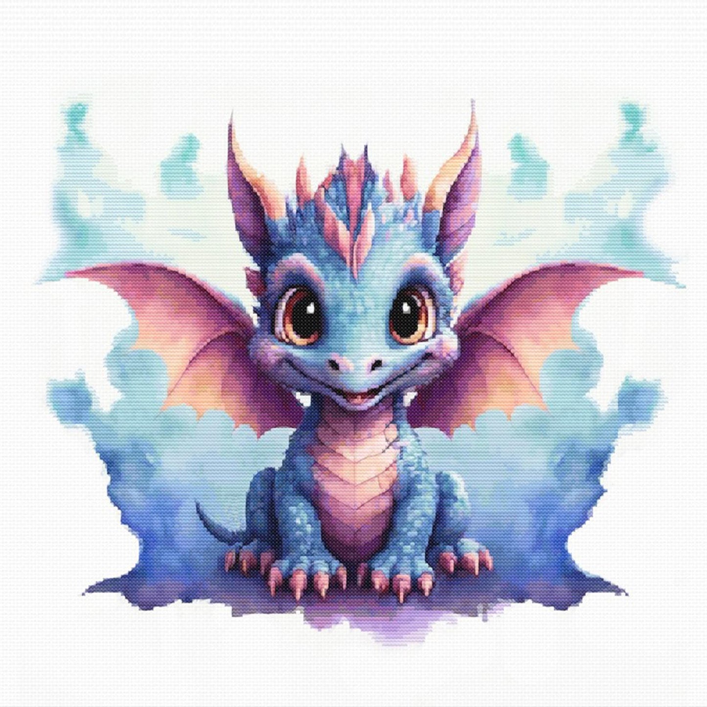 Cartoon dragon with purple accents on a white background
