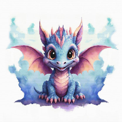 Cartoon dragon with purple accents on a white background