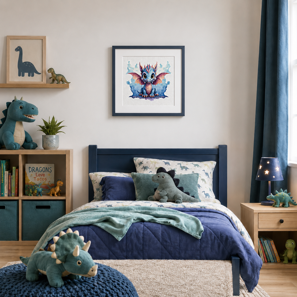 baby dragon as a finish cross stitch on a wall above a bed in a kids room.