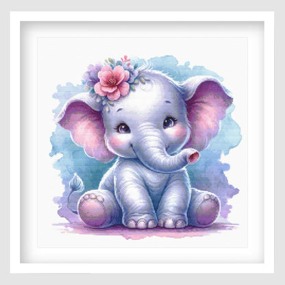 a cute light blue and purple water colour styed cross stitch pattern of a baby elelphant sitting.