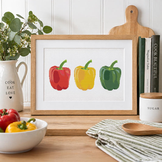 Bell Pepper Cross Stitch Pattern, Vegetable Kitchen Towel Pattern, Kitchen Decor digital PDF cross stitch pattern preview by Stitch Junction