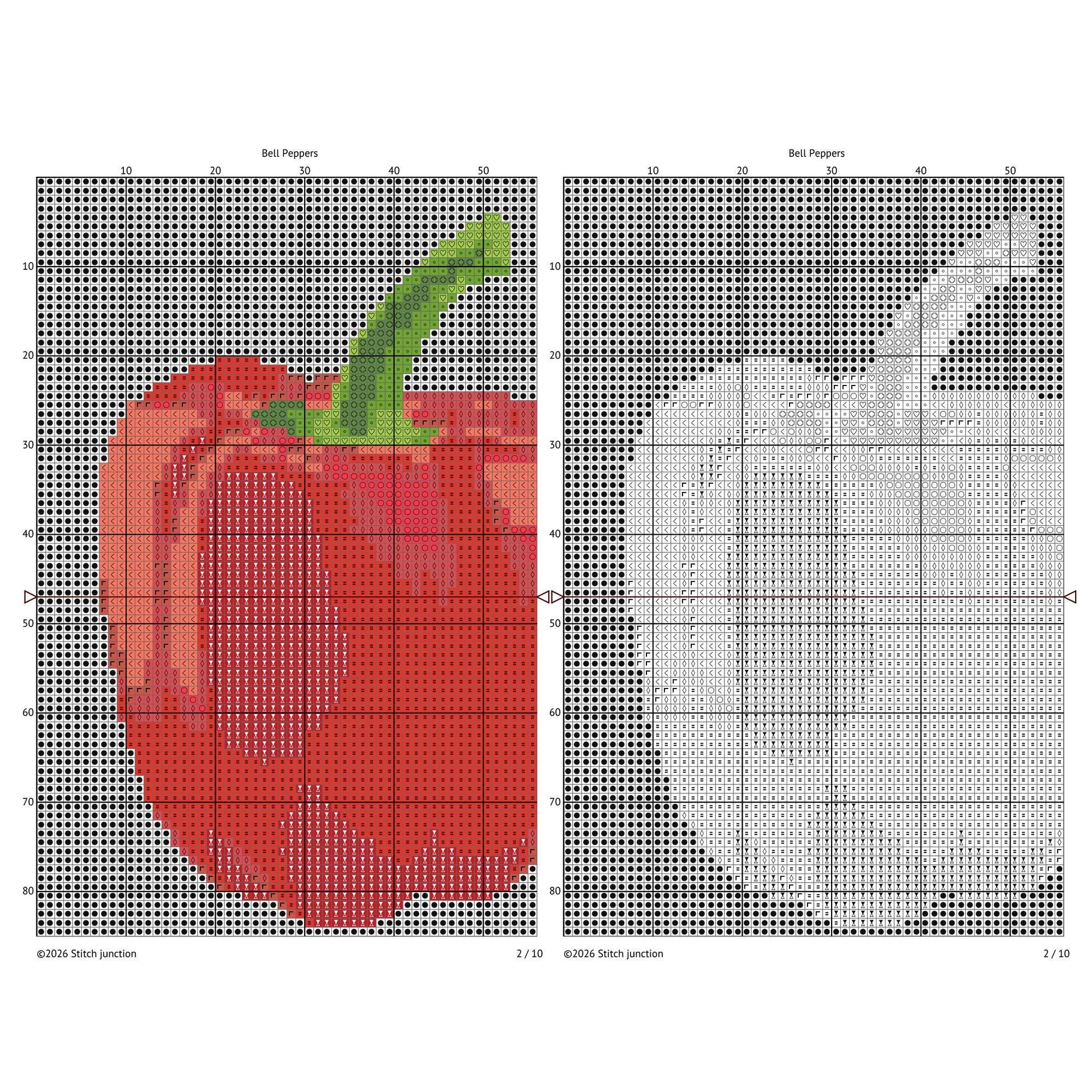 Cross-stitch pattern for a red pepper on a grid background.