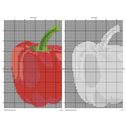 Cross-stitch pattern for a red pepper on a grid background.