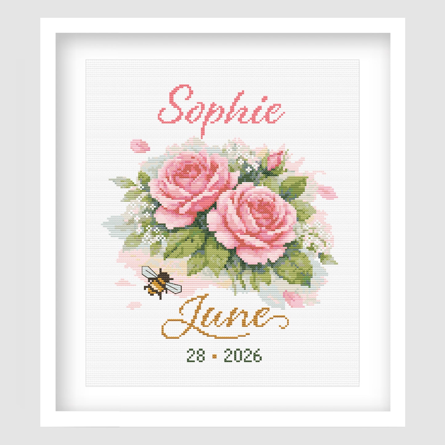 June Birth Flower, Roses Birth Record, Custom Name & Date Cross Stitch Pattern