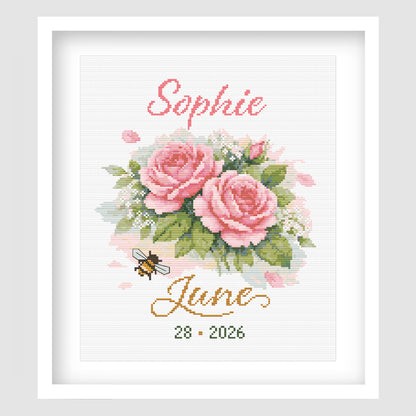 June Birth Flower, Roses Birth Record, Custom Name & Date Cross Stitch Pattern