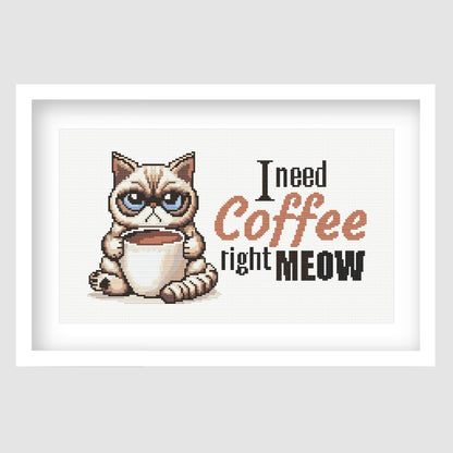 Coffee Craving Cat, Funny Subversive Cross Stitch, Meme Cross Stitch Pattern