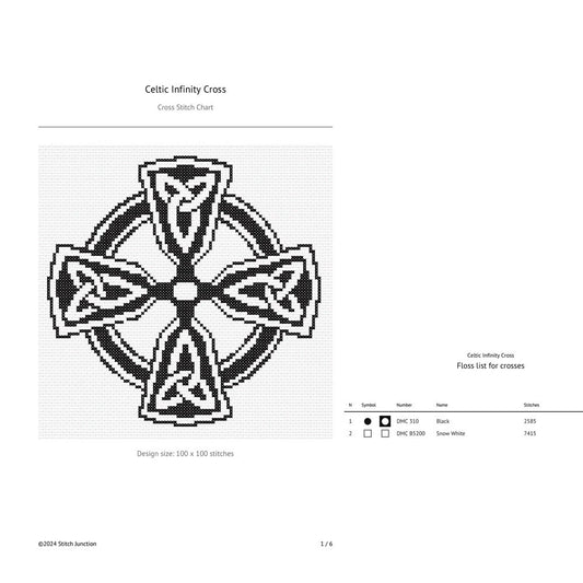 Celtic Infinity Cross Stitch Pattern full artwork showing a black and white Celtic cross with interwoven knotwork and symmetrical detailing.