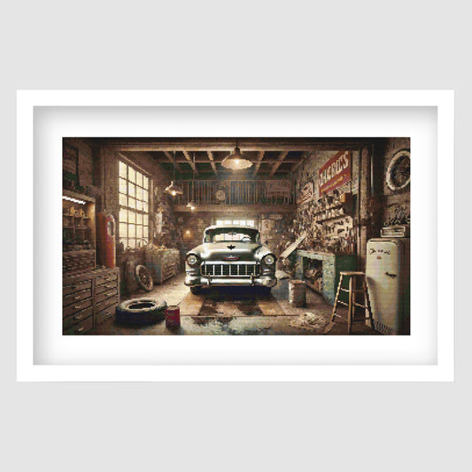 Chevrolet Bel Air cross stitch pattern featuring a classic car design, shown as framed wall art.
