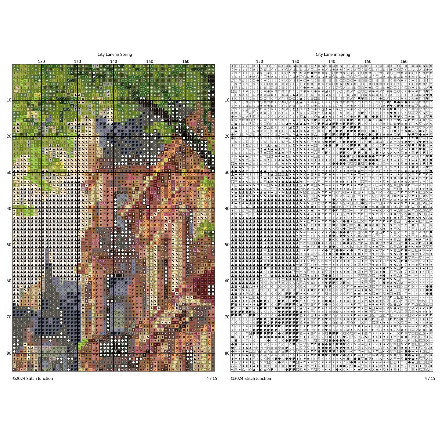 Cityscape Spring Lane Cross Stitch Pattern chart preview showing colour symbols and black-and-white symbol chart for a printable digital PDF pattern.