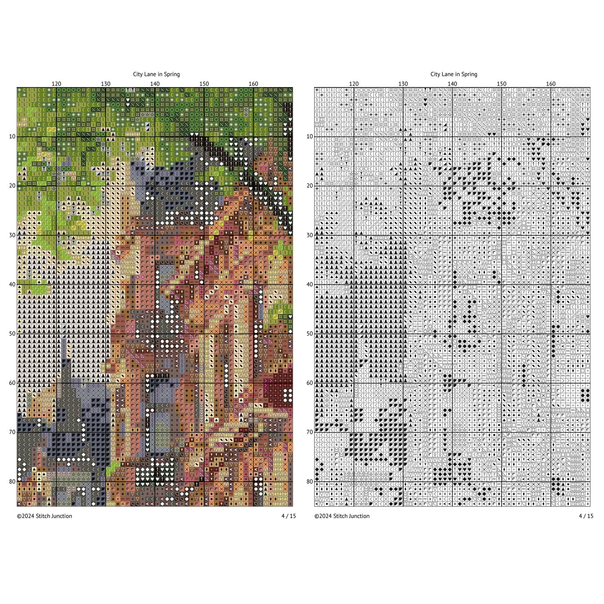 Cityscape Spring Lane Cross Stitch Pattern chart preview showing colour symbols and black-and-white symbol chart for a printable digital PDF pattern.