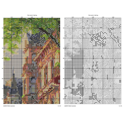 Cityscape Spring Lane Cross Stitch Pattern chart preview showing colour symbols and black-and-white symbol chart for a printable digital PDF pattern.