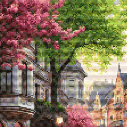 Cityscape Spring Lane Cross Stitch Pattern - digital cross stitch pattern by Stitch Junction