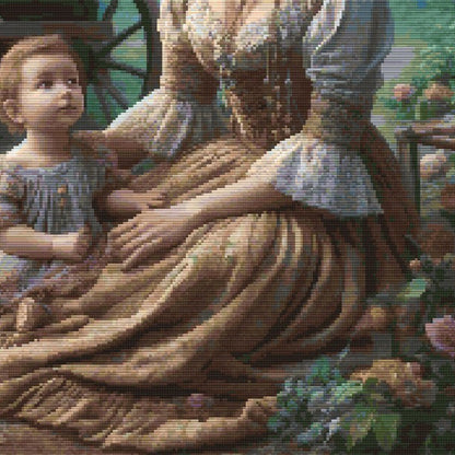 Close-up of Victorian Garden Cross Stitch Pattern showing a seated woman, child, period clothing, garden background, and visible counted cross stitch texture.
