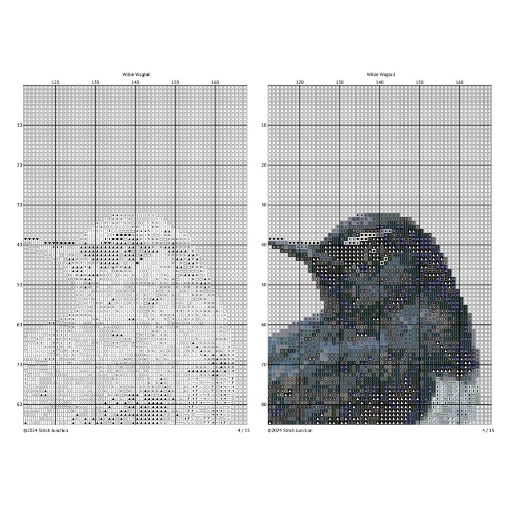 Willie Wagtail Bird Cross Stitch Pattern chart preview with colour symbols and black-and-white symbol chart for a printable digital PDF pattern.
