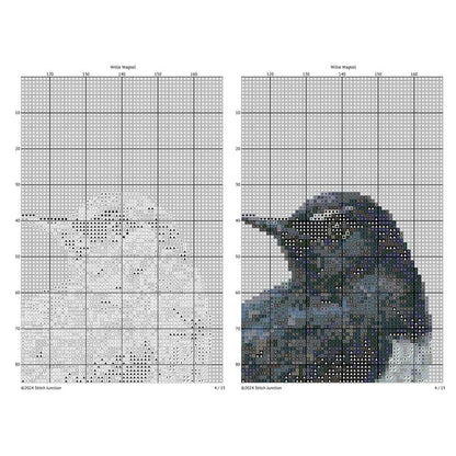 Willie Wagtail Bird Cross Stitch Pattern chart preview with colour symbols and black-and-white symbol chart for a printable digital PDF pattern.