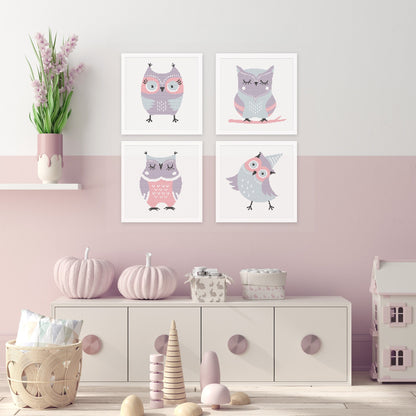 Collection of four cute owl cross stitch patterns displayed together as coordinated nursery wall art in soft pastel colours.