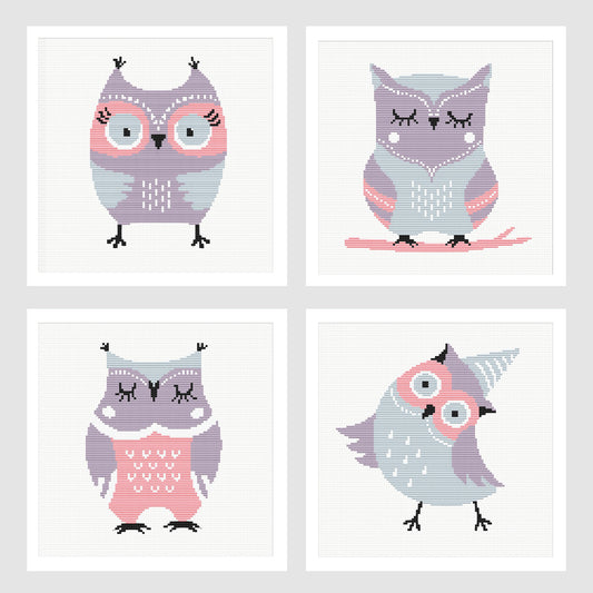 Cute Owl Cross Stitch Pattern collection featuring four pastel owl designs displayed together in white frames, perfect for nursery décor and children's bedroom wall art.